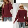 BITCED Autumn Winter Fitted Lantern Sleeve Knit Top Women's Solid Color Knit Sweater