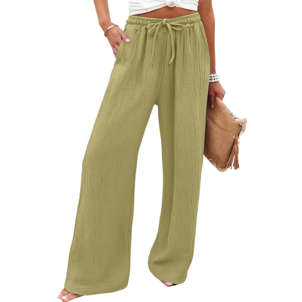 Women's Wide Leg Pants Elastic High Waist Drawstring Pants Flowy Summer Beach Palazzo Pants Casual Trousers