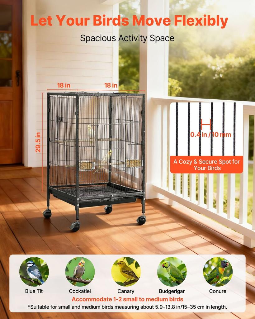 Bird Cage, 460 x 460 x 770 mm, Open Flat Top, Wrought Iron Bird Flight Cage with Perches, Slide-Out Tray and Plastic Feeders, Casters, for Parrot,
