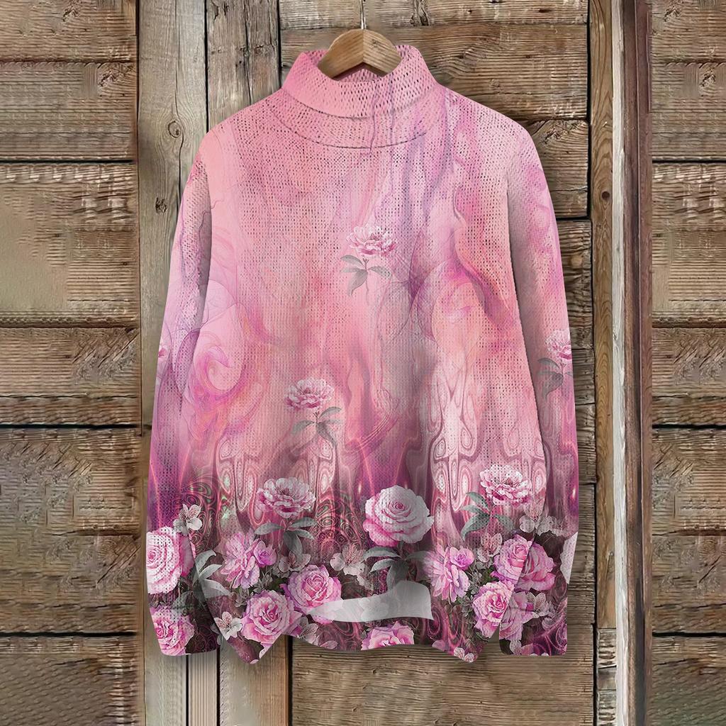 Women's Fashion Casual Long Sleeve Retro Printed Turtleneck Knit Top