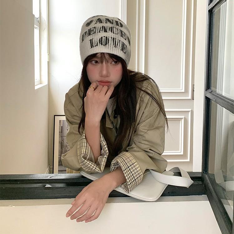 Letter Knitted Headgear Women's Autumn and Winter Versatile Face Small Wool Hat Fashion Big Head Circumference Warm Cold Hat