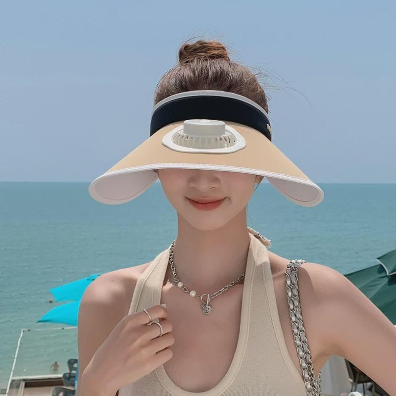 

8536 Summer UV Protection Sun Hat Female Fashion Topless Hat with Fan Big Brim Outdoor All-Matching Sun Protection Hat Beach khakis