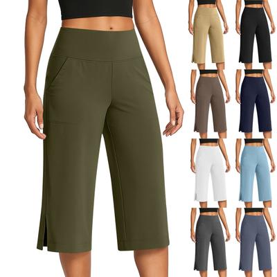 Women's Fashionable Color Button Pocket Pants With Split Hems High Waist Sports Yoga Casual Cropped Pants