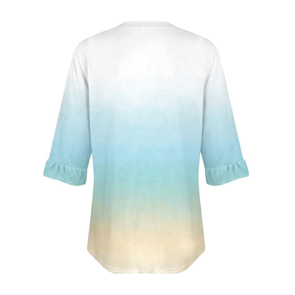 Women's Casual 3/4 Sleeve Tops Summer Square Neck T Shirts Ruffle Loose Fit Tunic Blouses