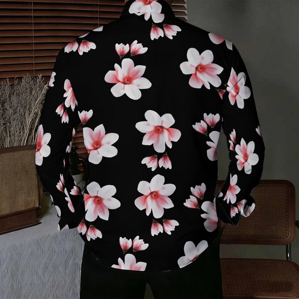 Herren Hemd mit Kragen Schwarz Weiß Rosa Magnolien Blumenmuster Langarm Knopfleiste Oberteil