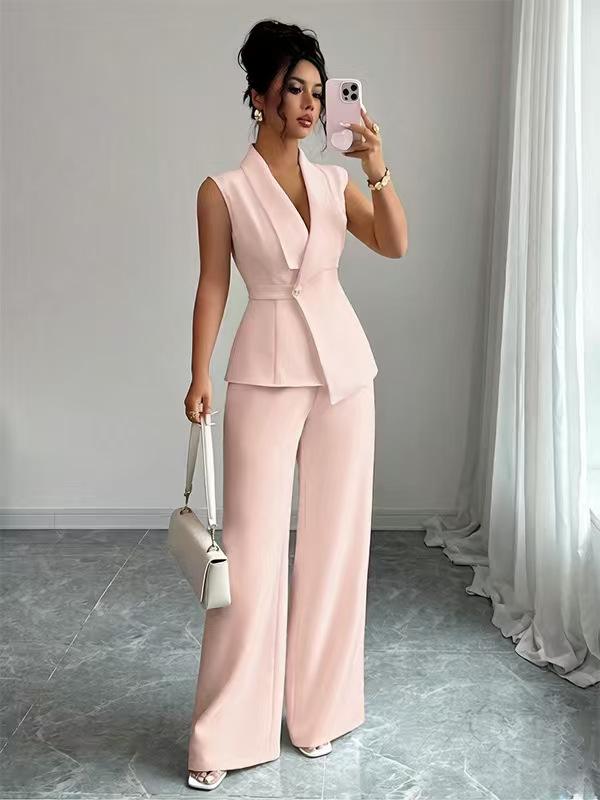 Womens Sleeveless V Neck Blouse Wide Leg Pants Set Solid Color Suit