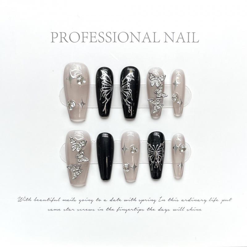 Handmade Y2K Butterfly Press-On Nails | Cool & Spicy Dark Blush Nail Art