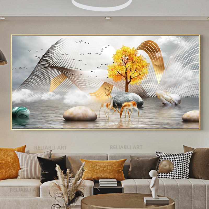 Chinese Feng Shui Golden Rich Tree Canvas Painting Wall Art Deer Landscape Lucky Stone Posters Wall Art for Living Room Decor