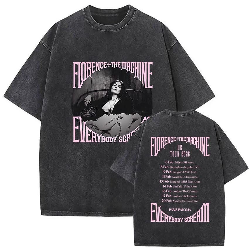 Vintage Washed Florence The Machine Everybody Scream Tour Graphic T Shirts Men Women Harajuku Aesthetic Oversized T Shirt