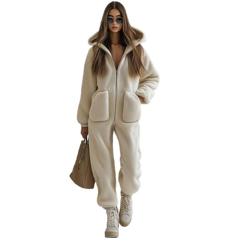2025 Autumn/Winter Women's Hooded Plush Jumpsuit with Pockets