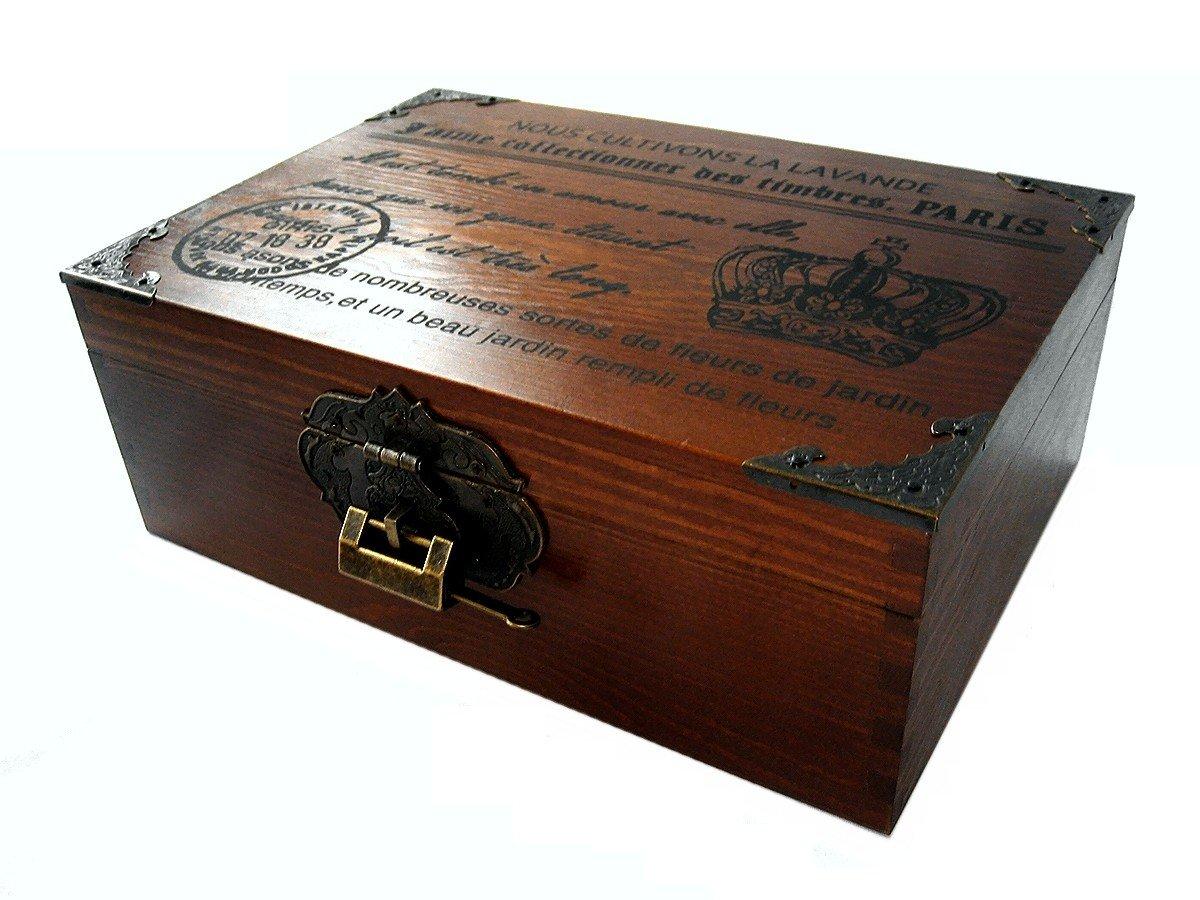 r_planning Антикварная деревянная запираемая шкатулка, Ретро винтажная декоративная шкатулка для мелочей, Ширина 25 см, Большой размер