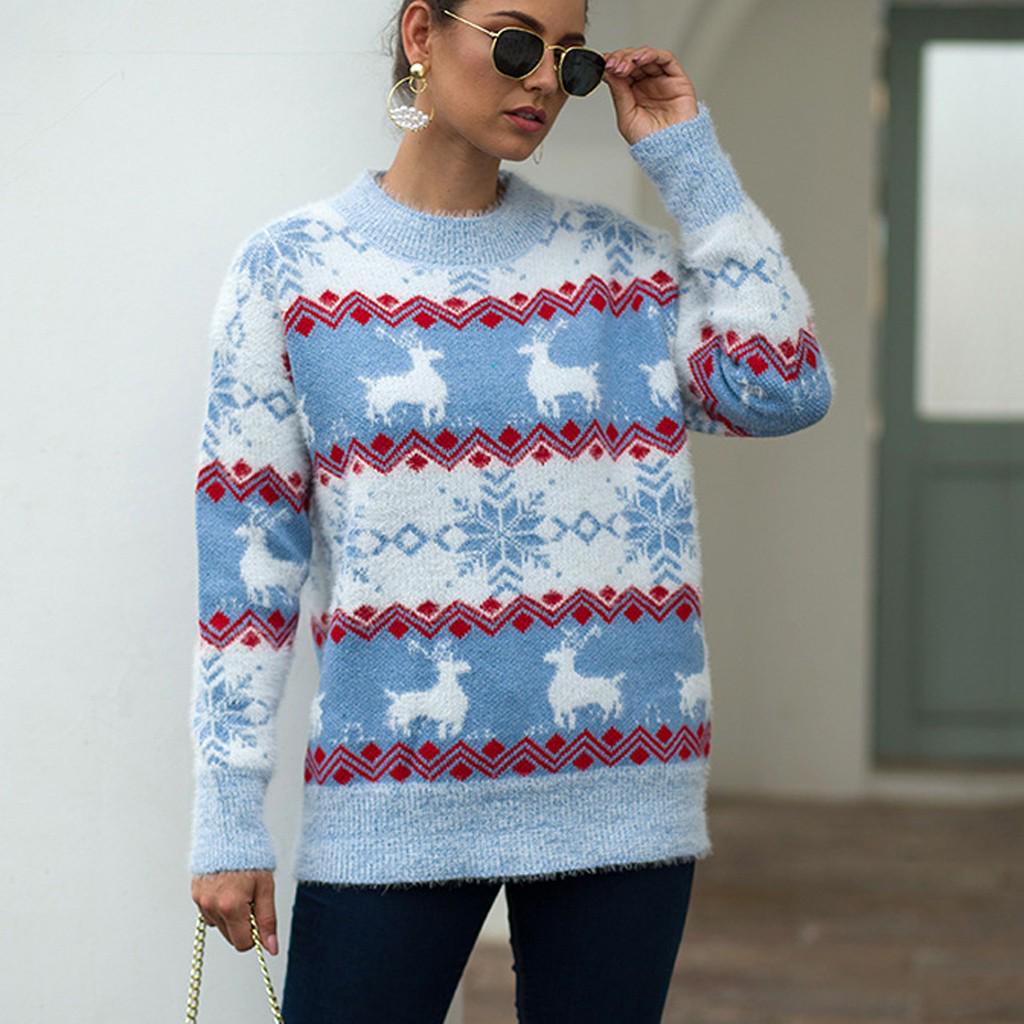 Women Christmas Sweater Long Sleeve   Printed Knitting Sweater Tops