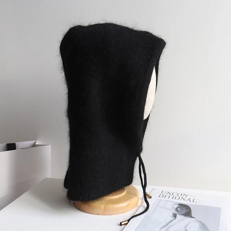 Kaninchenfell Gestrickter Schal Kapuze Sturmhaube Damen Kaschmir Mützen Winter Unisex Warm Ski Mütze Outdoor Ohrenschutz Mütze