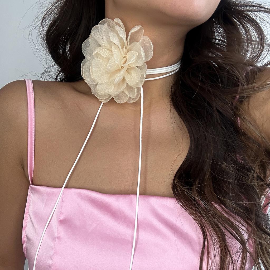 Stylish Retro French Big Flower Chocker Necklace Fringed Lace Tied Neck Chain Female