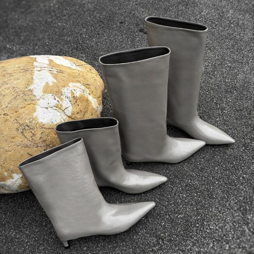 2025 Autumn and Winter New Pointed Thin Heel Gray Loose Straight Versatile Fashion Boots Sleeve Knight Boots Medium Boots Women