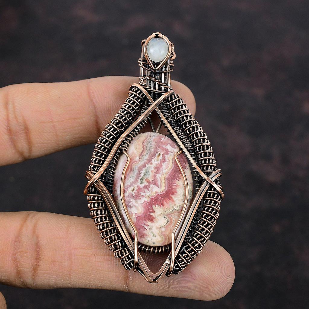 Rhodochrosite Pendant Rainbow Moonstone Pendant Copper Wire Wrapped Gemstone Pendant Copper Jewelry Gift For Her Handmade Wire Wrap Jewelry