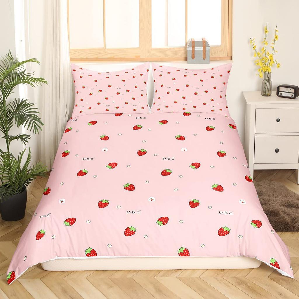 Strawberry Pink Duvet Cover Cute Fruit Print Bedding Three-piece Set Girl Room Decoration