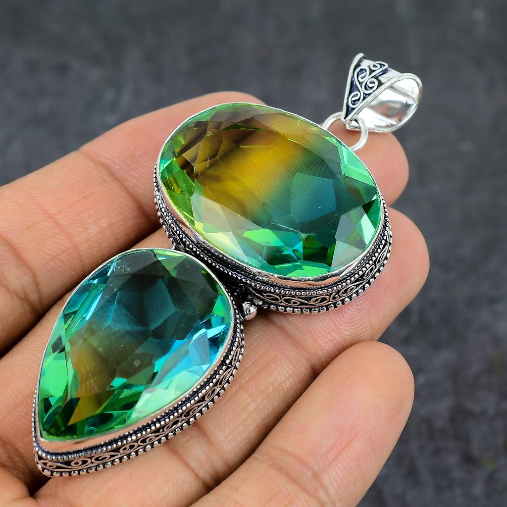 Natural Bi-Color Tourmaline 925 Sterling Silver Jewelry Pendant 3.35" U0V05