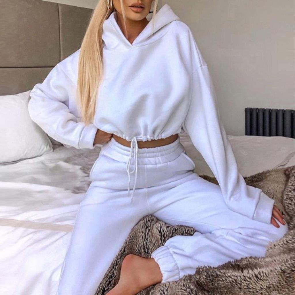 Damen Langarm Zweiteiler Set Lässig Sportbekleidung Sweatshirt Crop Top und Elastische Taille Hose Loungewear Trainingsanzug