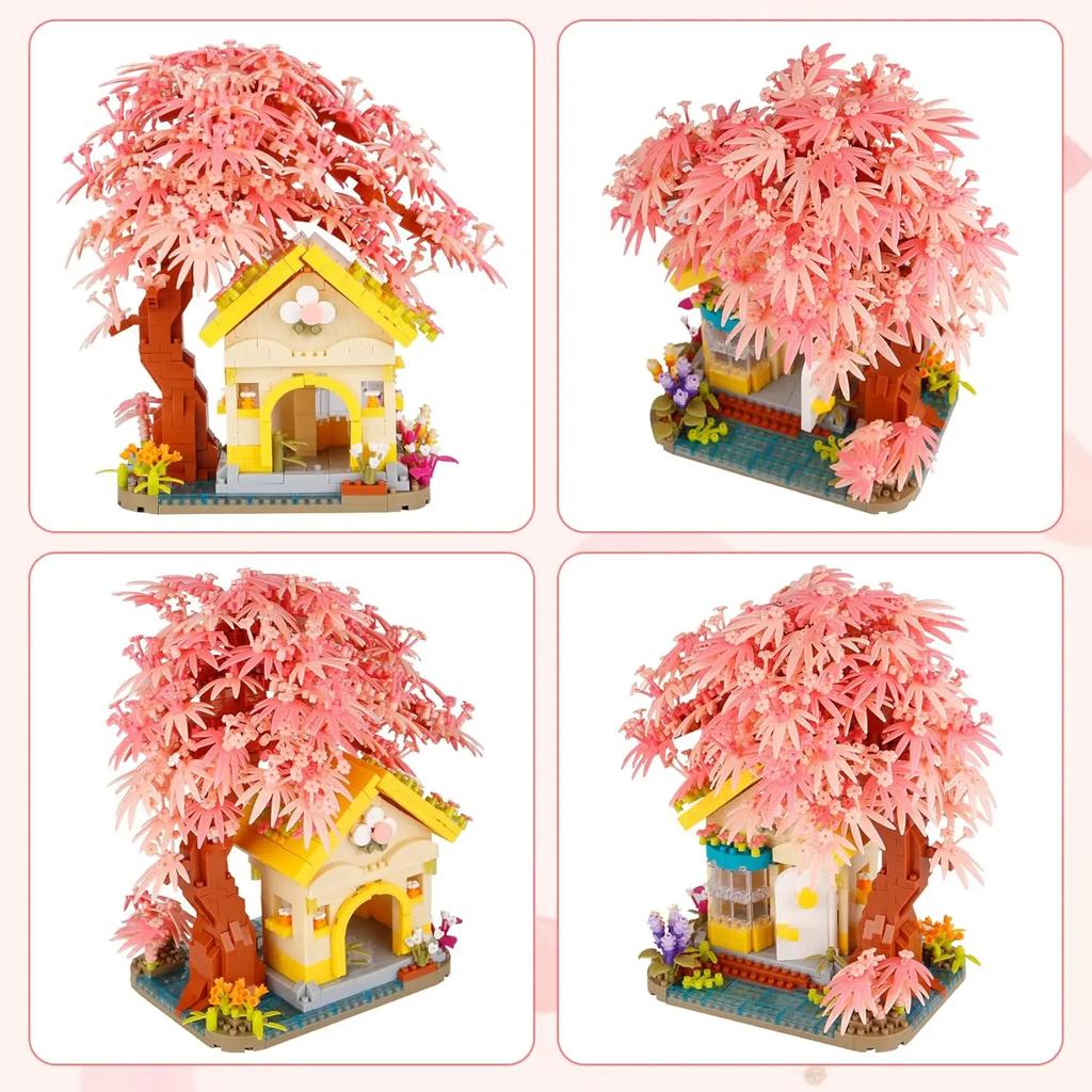 Mini Pink Cherry Blossom Tree House Micro Building Blocks Set 1500pcsModel Decoration Romantic Gift for Her
