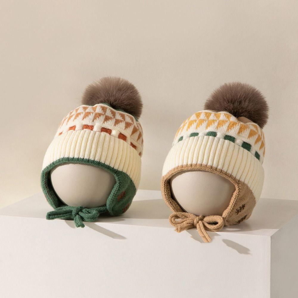 Jacquard Baby Knitted Hat Hairball Kids Earmuffs Cap Fashion Children Beanies Cap  Windproof
