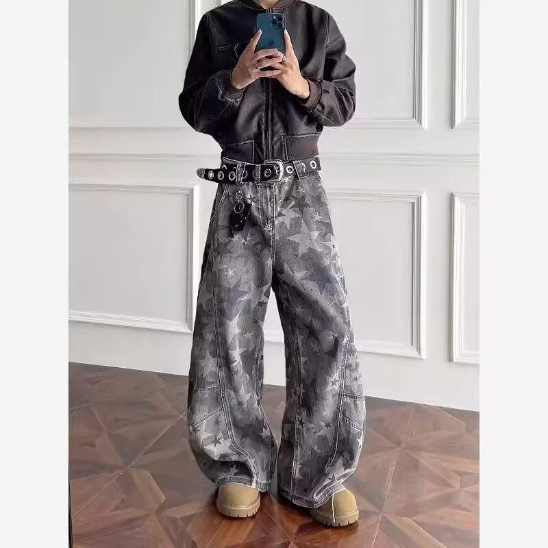 New Washed Star-printed Jeans for Men, Casual Wide-leg Long Pants