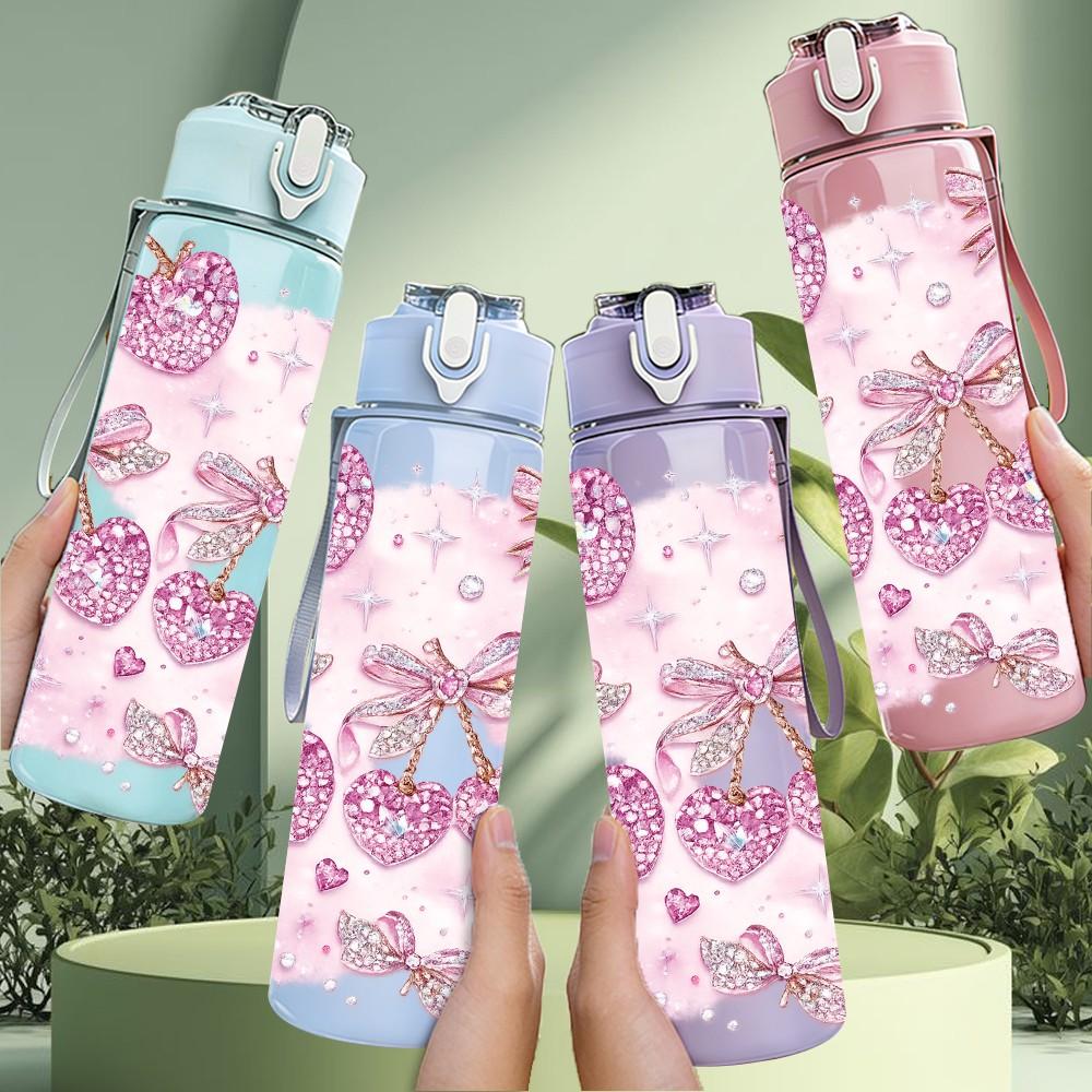 1PC Pink Bow Butterfly Decoration Print 750ml Color Plastic Sports Water Bottle Leakproof Flip Straw Lid Suitable for Sports Office Home Use