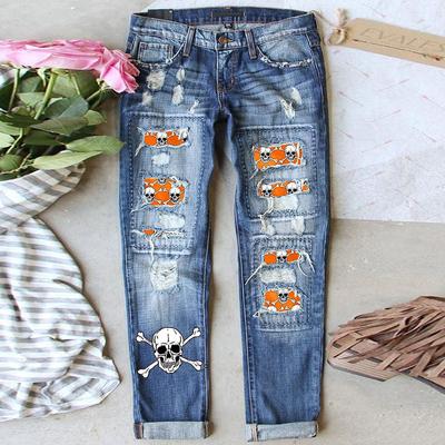 European And American Women'S Straight Leg Loose Jeans, Trendy Brand, Perforated Printed Patch Pants