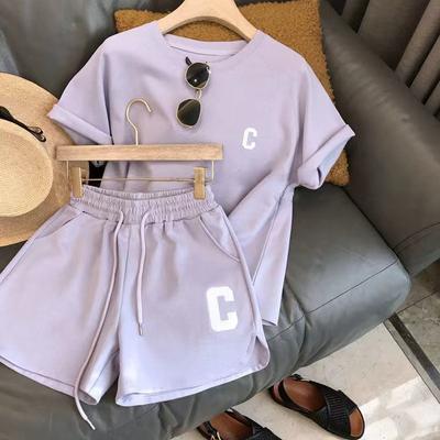 Spring Autumn Solid Colour Women's Round Neck Short Sleeve T-shirt + Casual Shorts Sports Summer Two-piece Set