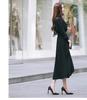 Autumn and Winter Long Sleeve Pleated Dress Fashion Plain Button Closure Long Dress with Waistband and Belt [JINJUDUO] Women's (Black, M)