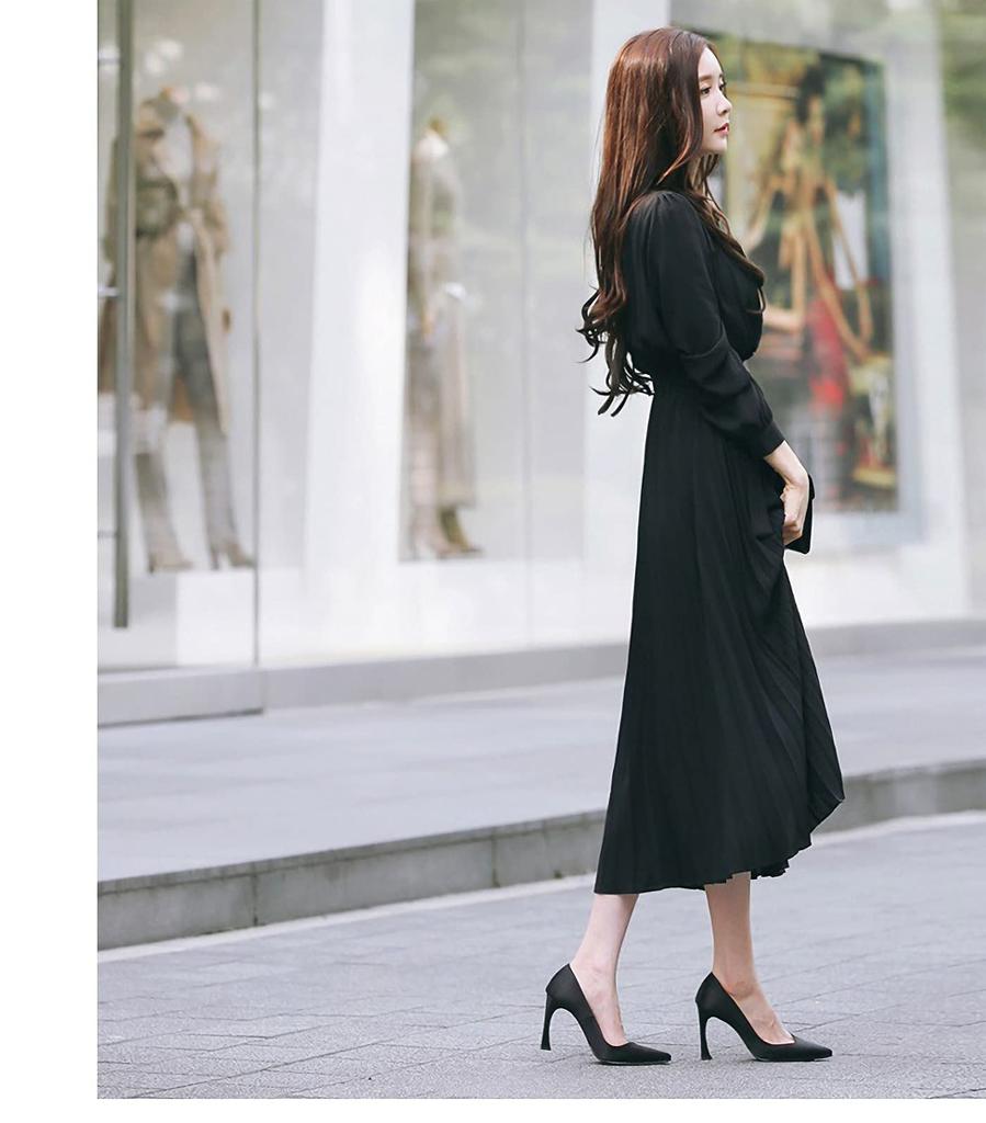 Autumn and Winter Long Sleeve Pleated Dress Fashion Plain Button Closure Long Dress with Waistband and Belt [JINJUDUO] Women's (Black, M)