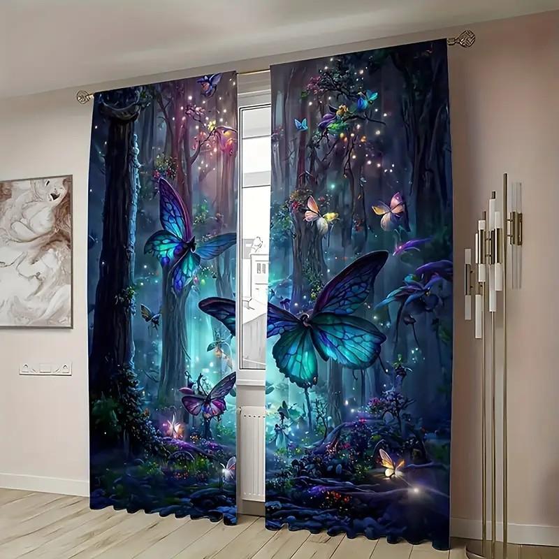 Jit Vivid Butterfly Pattern Curtains Shading Polyester Living Room Decor Curtain Set Of 2 Made With Rod Pocket Washable Area Ready
