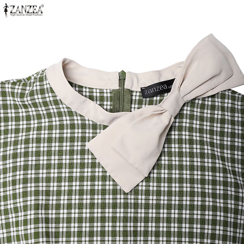 ZANZEA Rochie casual elegantă pentru femei, cu gât rotund, mânecă 3/4 și imprimeu în carouri