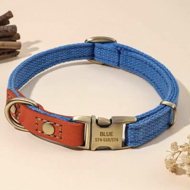 Adjustable Leather Dog Collar With Engraving Medium Large Dogs Comfortable Durable Canvas Reinforced Neck Strap