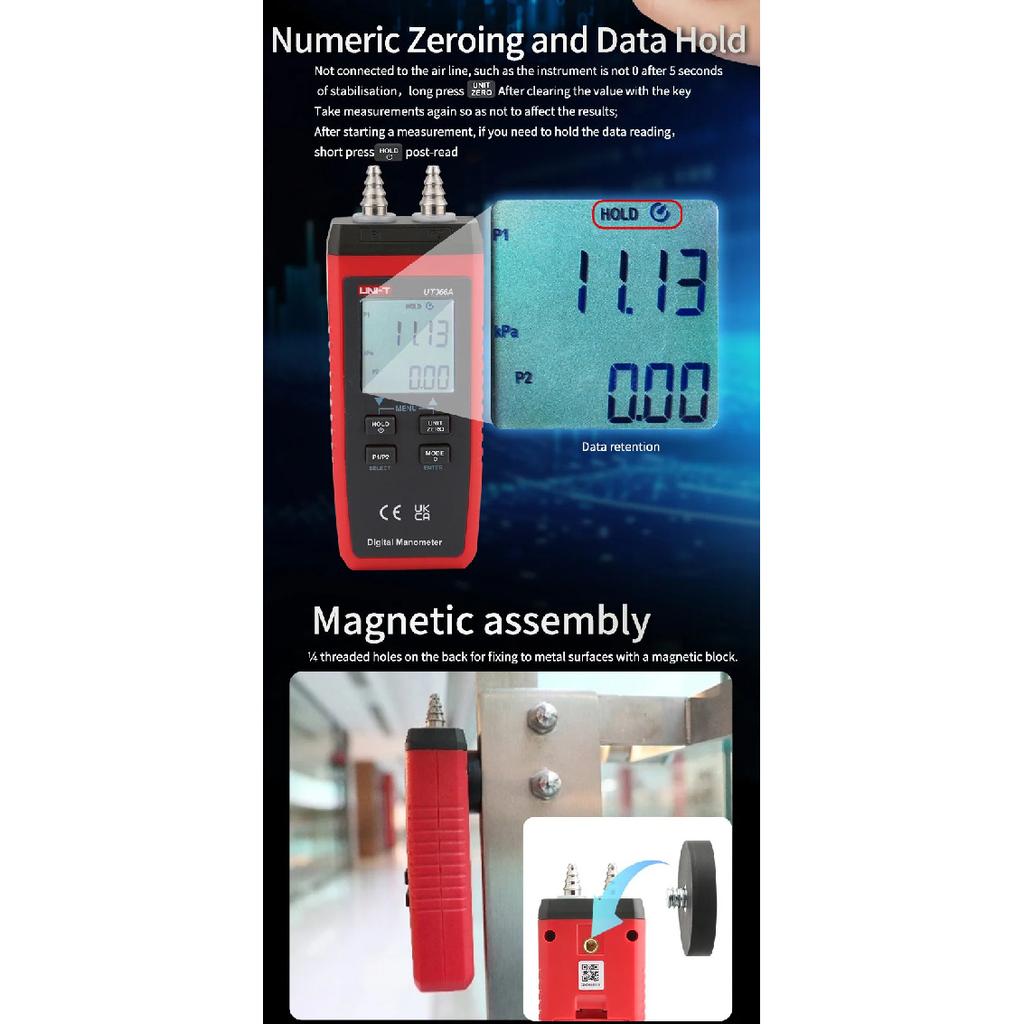UNI-T UT366A Manometer Digital Surface Pressure Difference Measurement Wind Speed Air Pressure Differential Pressure Gauge Meter