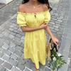 European and American Fresh and Sweet Long Dress One-word Shoulder Bubble Sleeve Princess Dress A Pendulum Holiday Style Dress Women