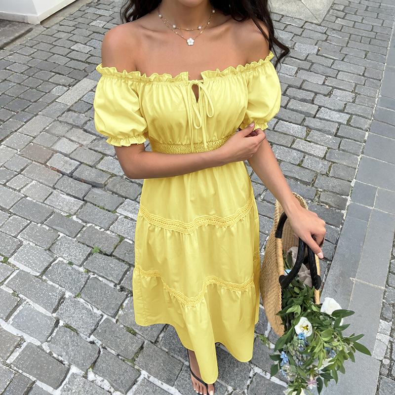 European and American Fresh and Sweet Long Dress One-word Shoulder Bubble Sleeve Princess Dress A Pendulum Holiday Style Dress Women