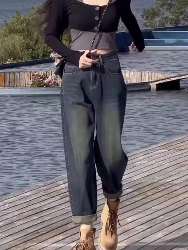 Women's Retro Distressed Wide-Leg Jeans - Spring/Autumn 2024 INS Design