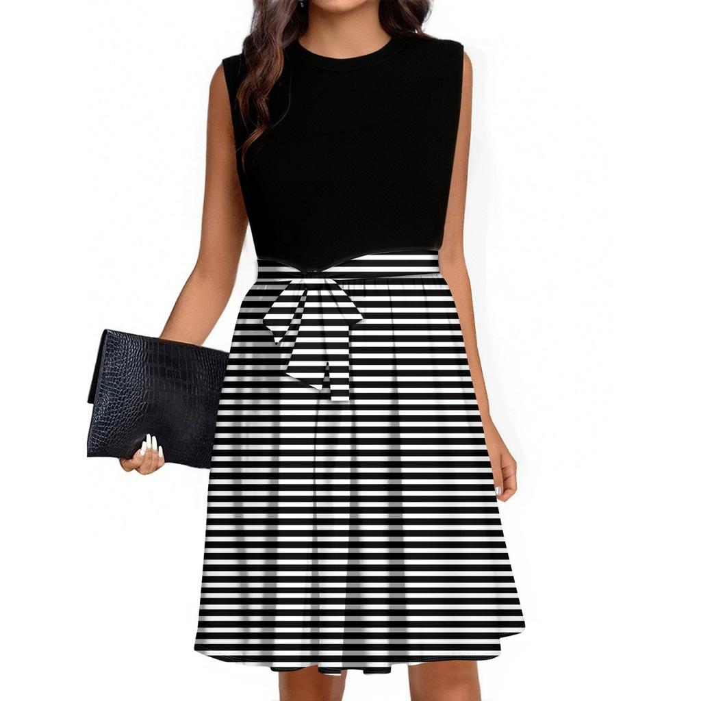 Women's Fashion Striped Printed Casual Lace-up Sleeveless Round Neck Splicing Short Dress