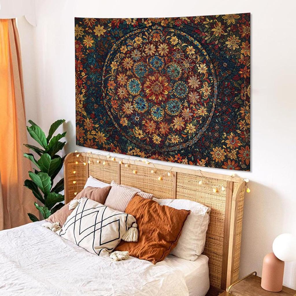 Boho Floral Mandala Tapestry Wall Hanging Vintage Bohemian Flower Medallion Tapestry Aesthetic Orange Stained Glass Hippie Small