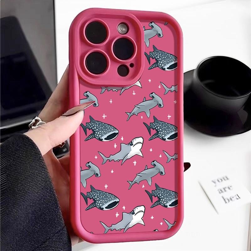 For iPhone 16 16E 15 Pro Max 14 Pro 13 12 11 Case Cartoon Shark Pattern Anti-Fall Matte TPU Lens Protection Shockproof Soft Phone Cover