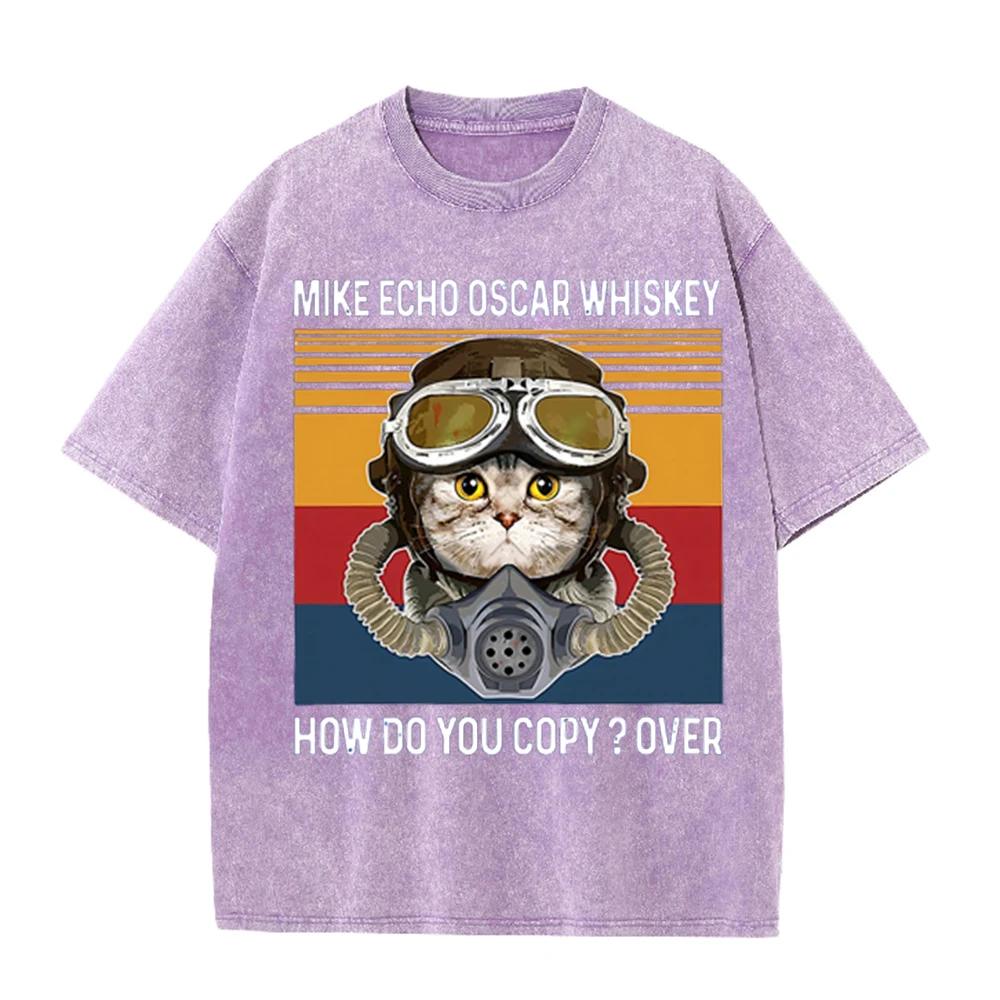 2026 Vintage Pilot Cat Mike Echo Oscar Whiskey Graphic Washed T Shirt Retro Military Style Men Women Oversized Casual Streetwear