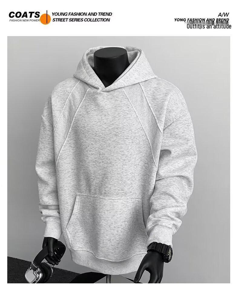 American Style Grey Deconstructed Patchwork Men's Hoodie, Spring/Autumn Trend, High Neck, Socially Anxious Persona, Fashionable Outerwear