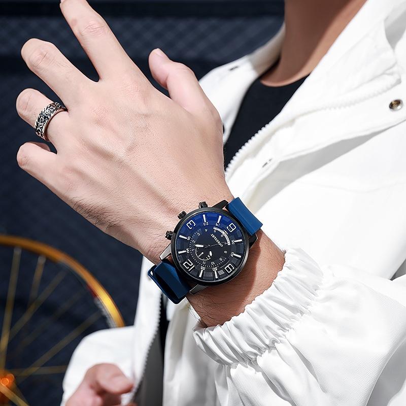 Gj083 Men's Casual Quartz Silicone Watch Decorative Blue Glass Stainless Steel Clasp Characters)