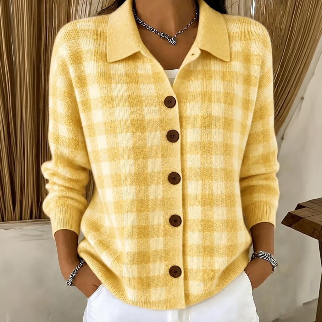 Women's Plaid Cardigan Long Sleeve Lapel Collar Loose Fit Knit Sweater for Fall Winter