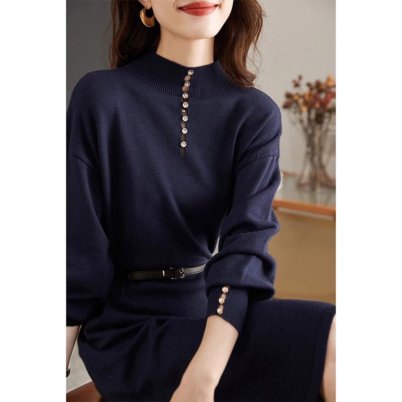 Retro Royal Sister Style Solid Color Mid-length Inner Sweater Dress Winter Half-high Neck Base Knitted Dress