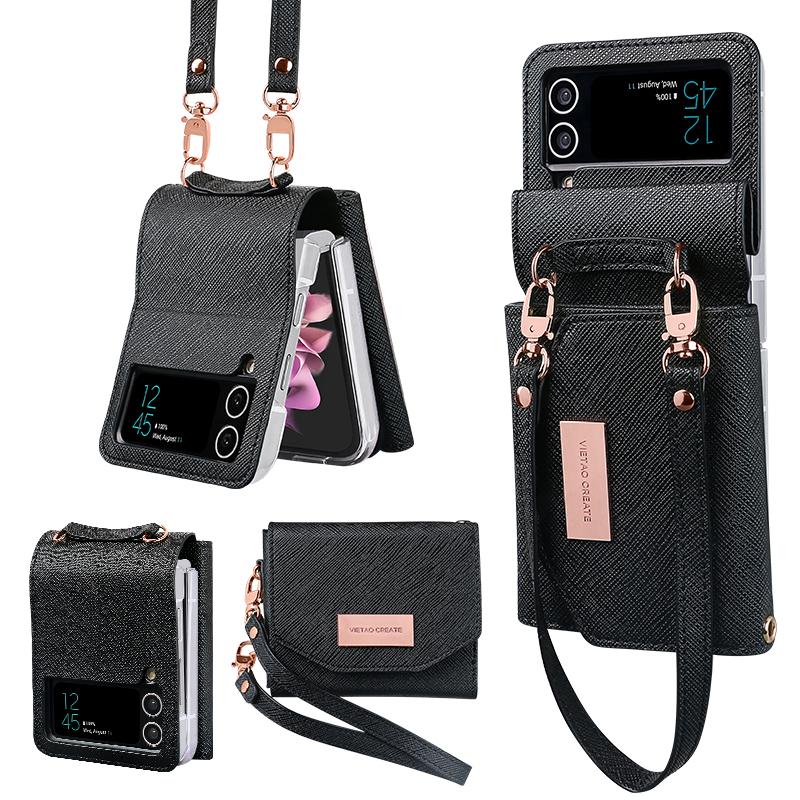 Vietao-Leather Wallet Case for Samsung Galaxy Z Flip 4, 3, Z4, Z3, Z Flip 5 Phone Case with Hand Strap, Z Flip 6 Flip 7 Case For samsung Z flip 5 чёрный