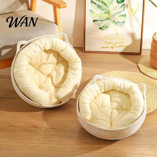 Panier Nid de Couchage pour Chat Corde de Coton Animal de Compagnie avec Design d'Oreilles Tissé à la Main pour Chats Chiots Lapins Petits Animaux Coussin