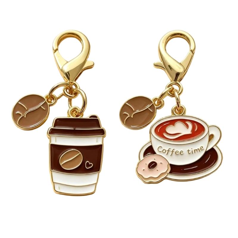 Coffee Keychain Pendant Alloy Bag Accessory with Gold Tone Hardware, Lobster Clasp, Compact Daily Carry for Keys and Bags