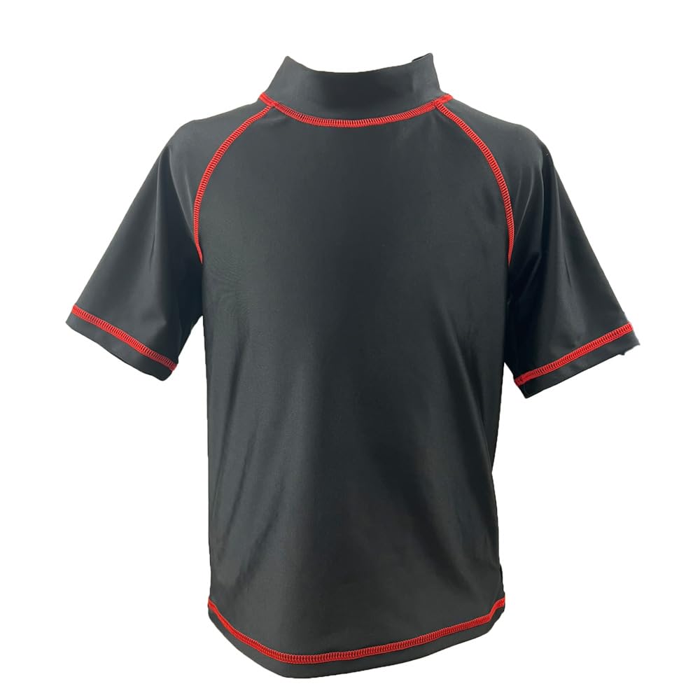 

Laqua Kids School Swimsuit Rash Guard, Solid Color, Short Sleeve, Pull-Over, 150cm, Black, RD Stitching, GN5508, for Girls and Boys